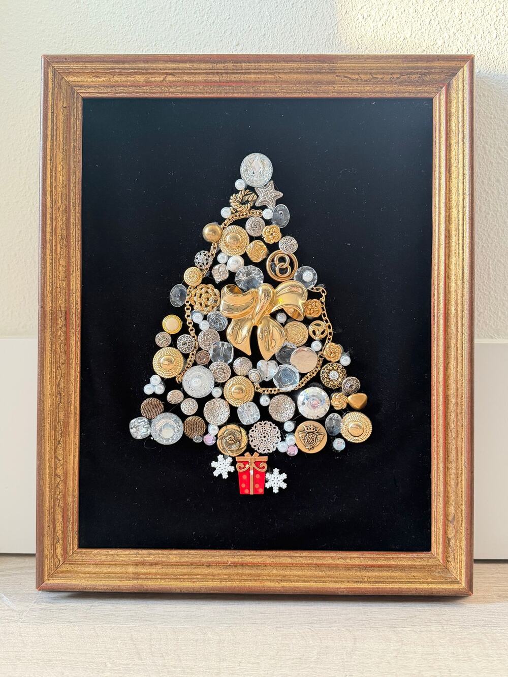 Vintage Christmas Tree Framed Costume Jewelry Art, frame made in Italy 13x16